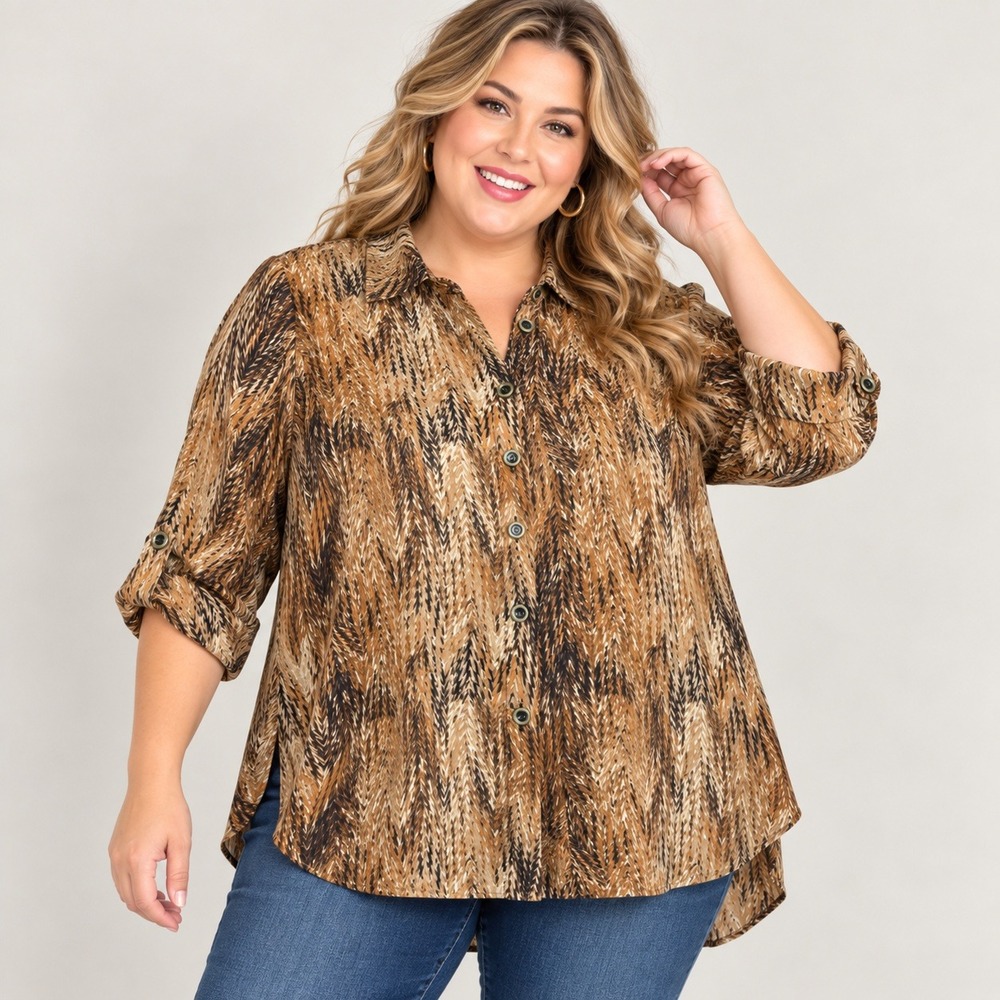 Catherines 3X Blouse Brown Abstract Print Button Down Roll Tab Plus Size Tunic